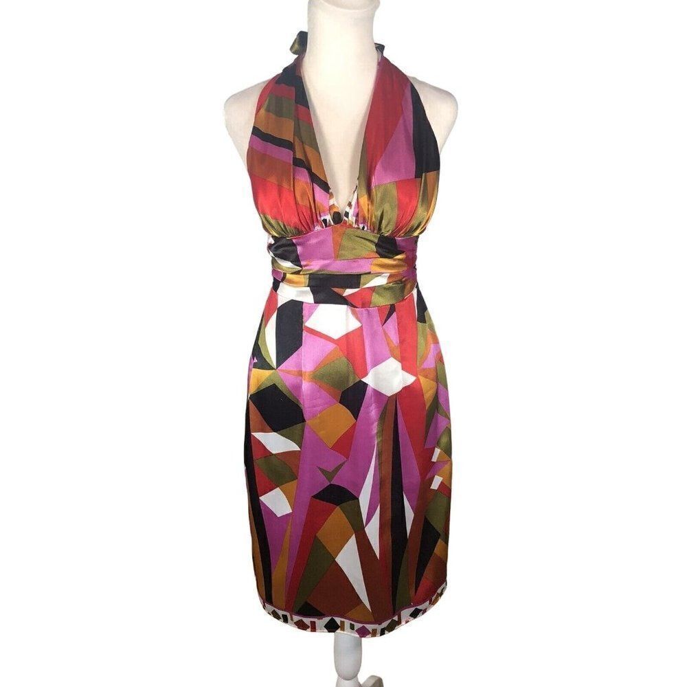 Rubber Ducky Bright Geo Satin Halter Dress XS/S A-Line Backless Wide Waist Band
